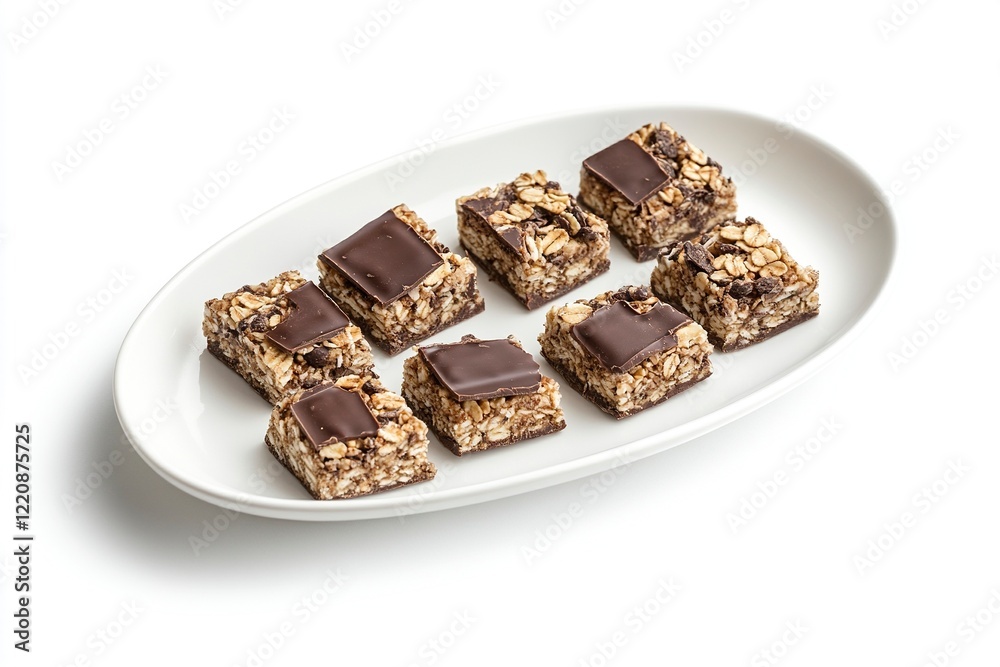 Photo of a product, top view of square-cut pieces with chocolate and granola on a white oval plate, against a white background, in natural light, from a top-down angle, food photography, professional Photo of a product, top view of square-cut pieces with chocolate and granola on a white oval plate, against a white background, in natural light, from a top-down angle, food photography, professional