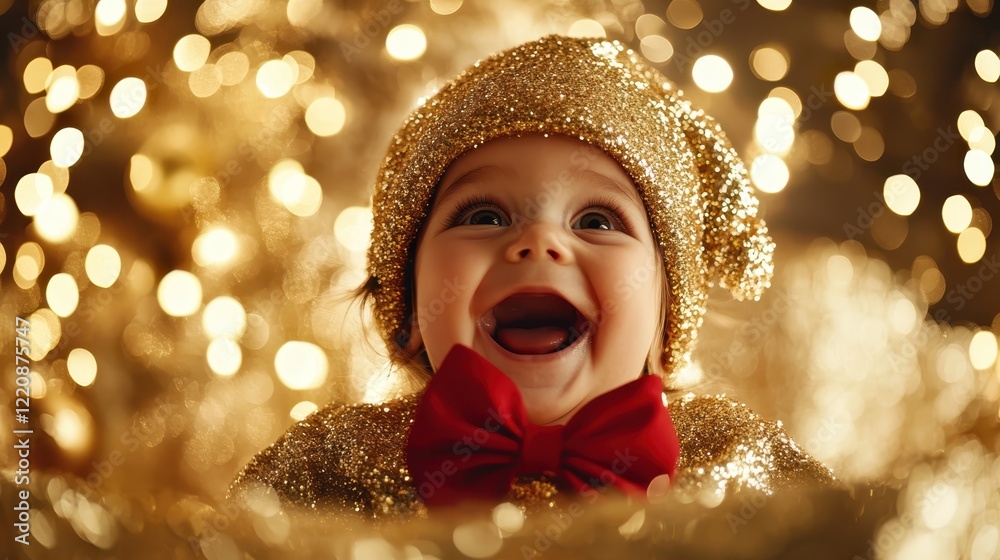 A joyful baby adorned in a golden glitter ensemble beams with excitement, evoking warmth and happiness, set in a sparkling ambiance ideal for joyous celebrations. A joyful baby adorned in a golden glitter ensemble beams with excitement, evoking warmth and happiness, set in a sparkling ambiance ideal for joyous celebrations.