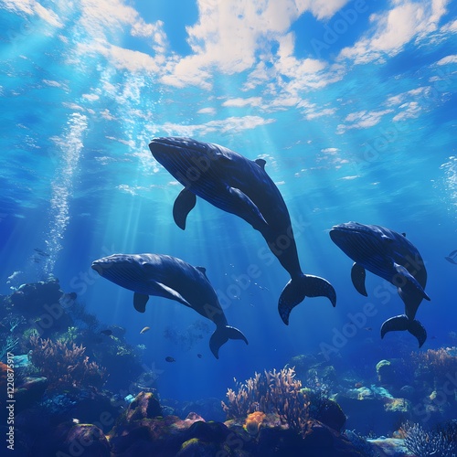 Underwater world where a pod of whales swims together, their fins slicing through clear blue waters as a coral reef teems with life beneath them, to honor World Whale Day photo