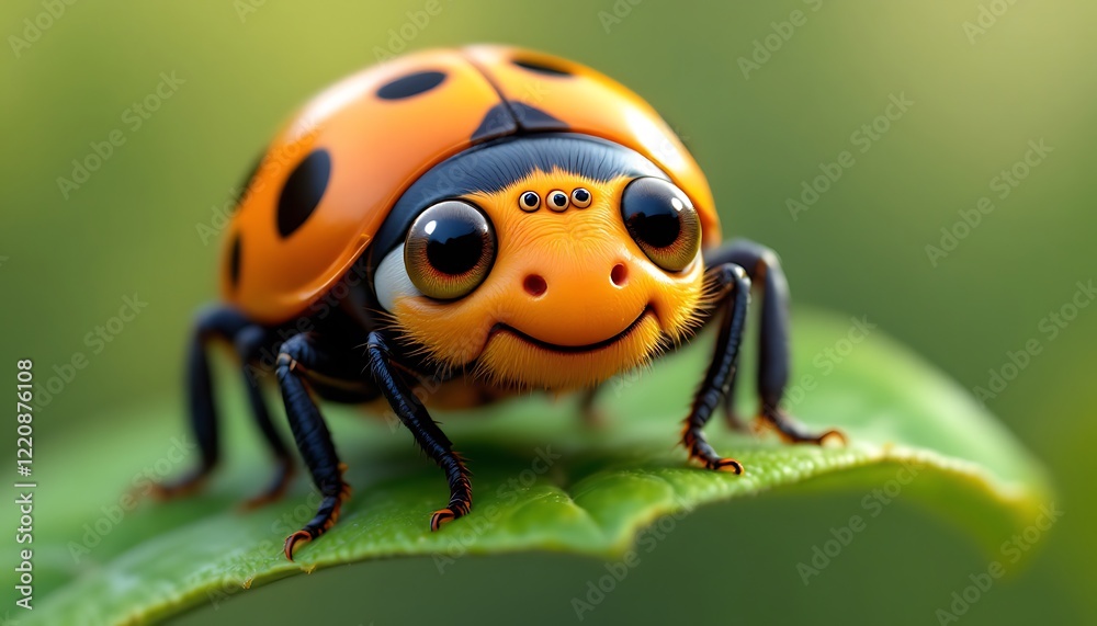 Fototapeta premium Cute Ladybug Cartoon Character Green Leaf Background