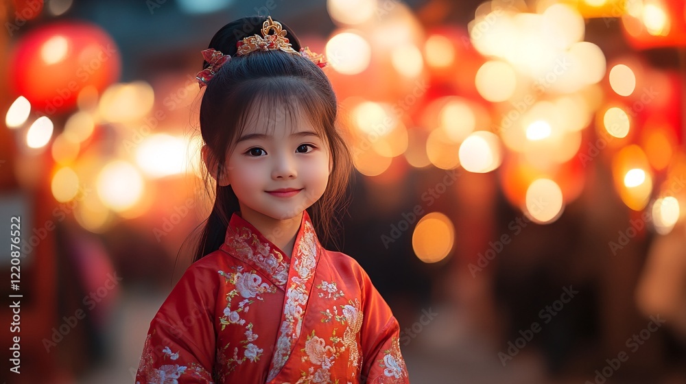 A young girl dressed in traditional Chinese attire, with long black hair styled in a bun and adorned with red ribbons, stands against a backdrop of blurred lights and lanterns. A young girl dressed in traditional Chinese attire, with long black hair styled in a bun and adorned with red ribbons, stands against a backdrop of blurred lights and lanterns.