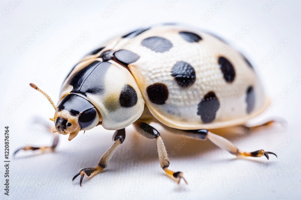 Minimalist White Ladybug Close-up: Isolated Black Spotted Insect Macro Photography Minimalist White Ladybug Close-up: Isolated Black Spotted Insect Macro Photography