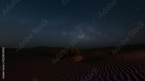 4kTime lapse of milky way night sky in sand dune desert, tilting camera up, empty quarter.