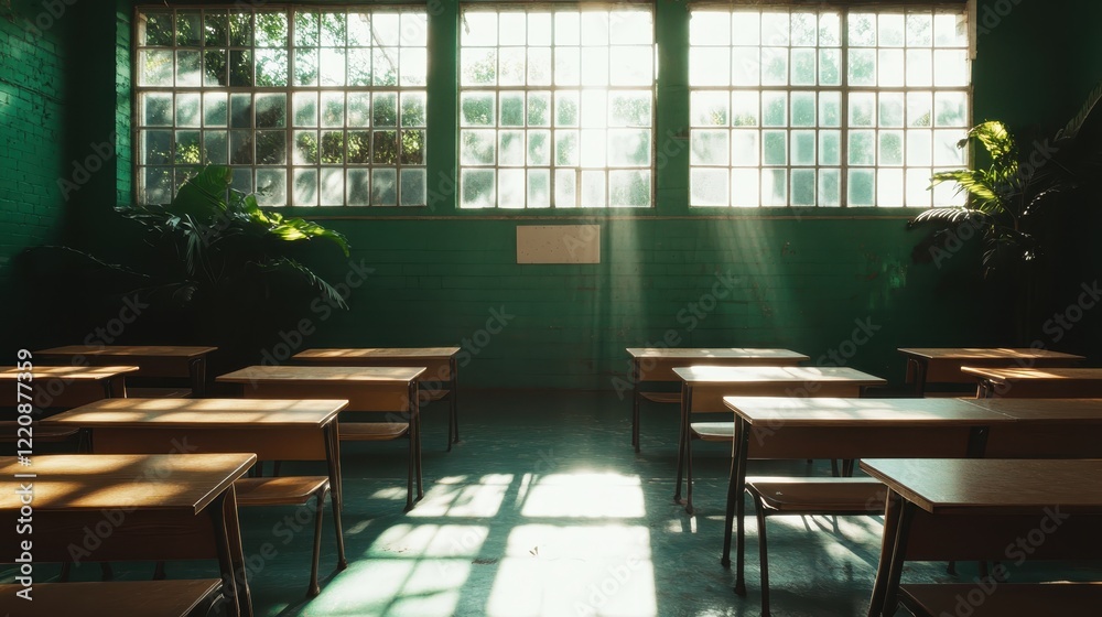 A quiet classroom bathed in sunlight, emphasizing the vibrant green walls and simple wooden desks, with large windows allowing nature's beauty inside. A quiet classroom bathed in sunlight, emphasizing the vibrant green walls and simple wooden desks, with large windows allowing nature's beauty inside.