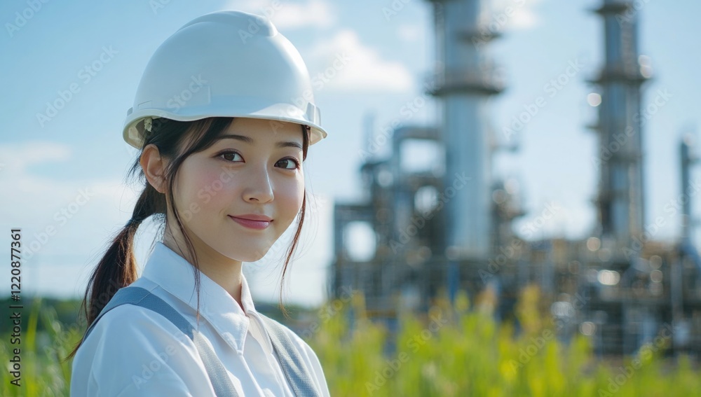 A woman in a white hard hat and a green shirt stands proudly in a green field near an industrial facility. The sun shines brightly, highlighting her professional demeanor and the machinery behind her A woman in a white hard hat and a green shirt stands proudly in a green field near an industrial facility. The sun shines brightly, highlighting her professional demeanor and the machinery behind her
