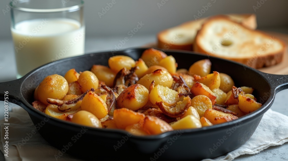Rustic skillet potatoes with chanterelle mushrooms and bread beside milk Rustic skillet potatoes with chanterelle mushrooms and bread beside milk