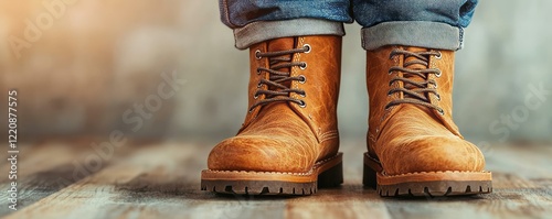 Person wearing brown boots and jeans standing on a sidewalk in urban environment photo