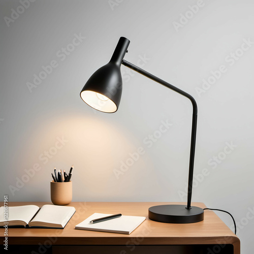 A minimalist desk lamp with a slim, adjustable arm and a simple circular or rectangular base. photo