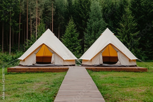 Two tents set up in a grassy field under a clear blue sky with trees in the background photo