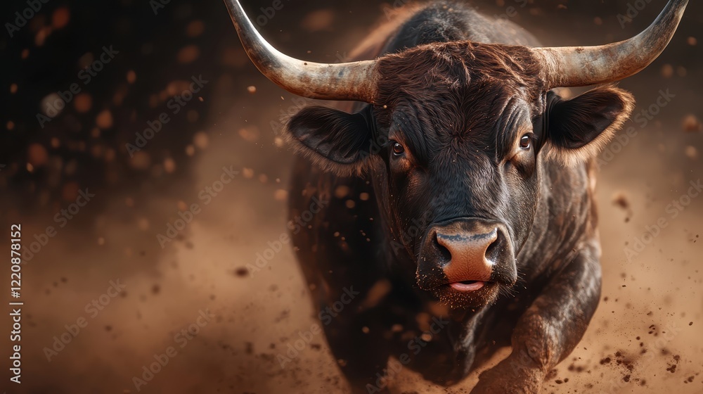 This image captures a powerful bull charging through a dusty landscape, showcasing its strength and intensity while surrounded by flying dirt particles. This image captures a powerful bull charging through a dusty landscape, showcasing its strength and intensity while surrounded by flying dirt particles.