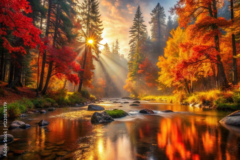 Obraz premium Misty Autumn Forest Stream: Colorful Foliage & Pine Trees - Stock Photo