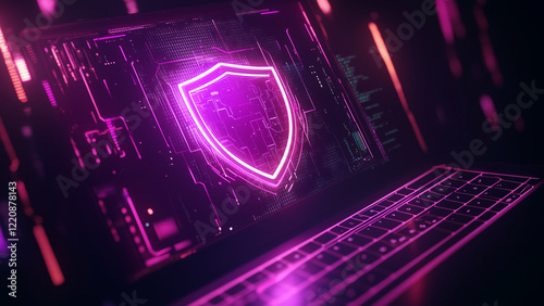 Cyber Security Concept with Laptop and Shield Icon. Laptop with Shield Icon Representing Cyber Security. Digital Security Shield Background