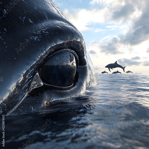 A closeup, 3Drendered whale eye, reflecting the ocean s vastness, with a silhouette of a whale pod swimming in the distance in celebration of World Whale Day photo