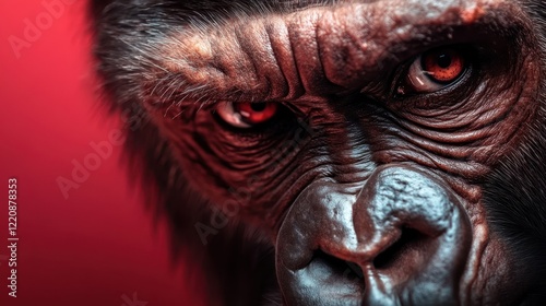 An intense close-up of a gorilla's eye showcases an expression of fierceness and strength, capturing the essence of wildlife and the depth of animal emotions. photo