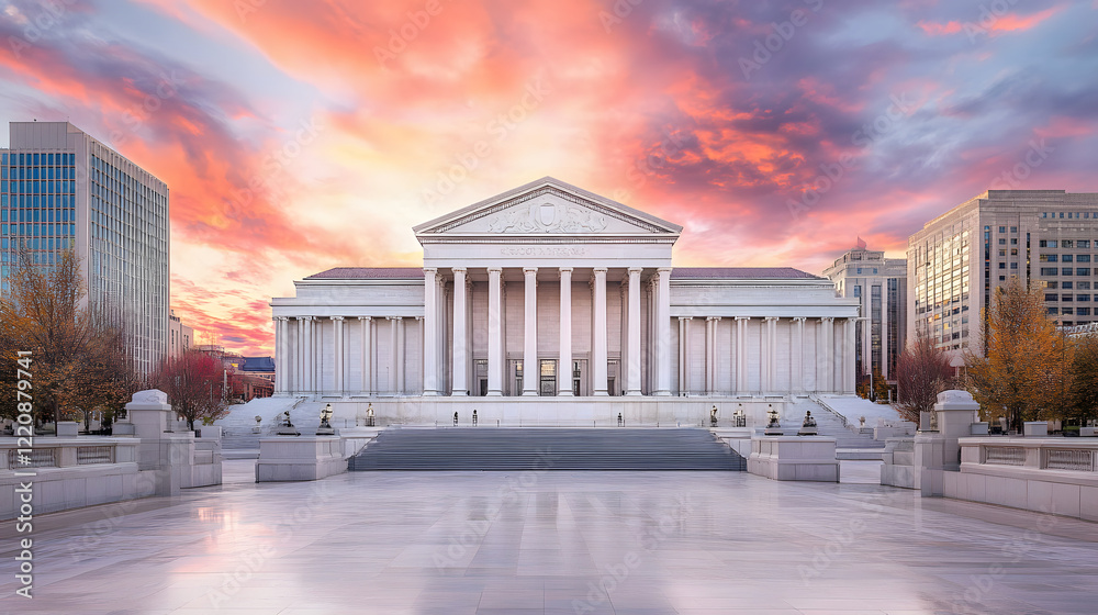 Fototapeta premium Dramatic courthouse exterior featuring towering stone columns and grand architecture, symbolizing justice, authority, and the importance of legal proceedings in society.