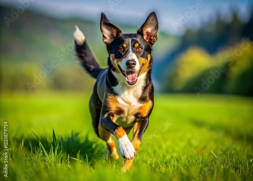 Appenzeller Sennenhund Dog Running in Field - Happy Canine Action Shot photo