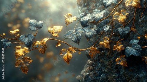 Golden and silver ivy leaves enchanted forest close-up photography dreamy atmosphere artistic concept