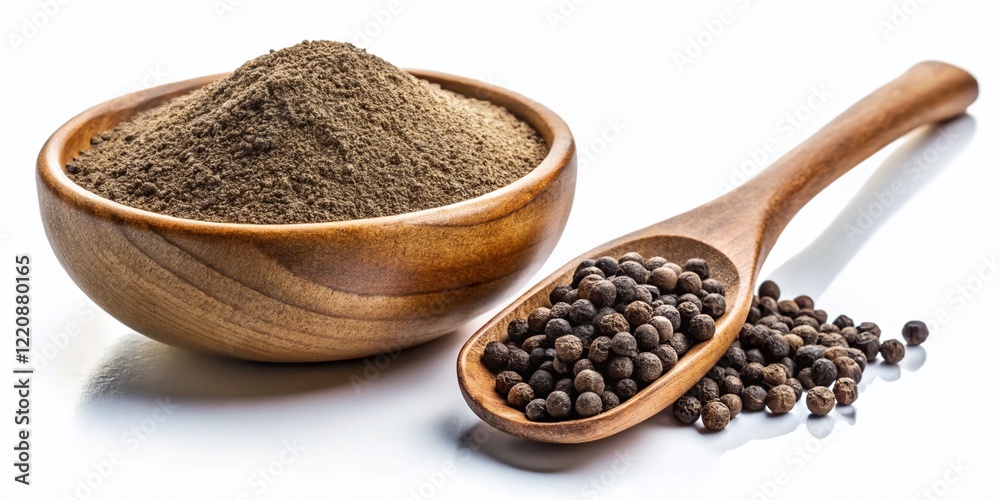 Aromatic Black Pepper Powder in Wooden Spoon and Bowl - Spice Photography Aromatic Black Pepper Powder in Wooden Spoon and Bowl - Spice Photography