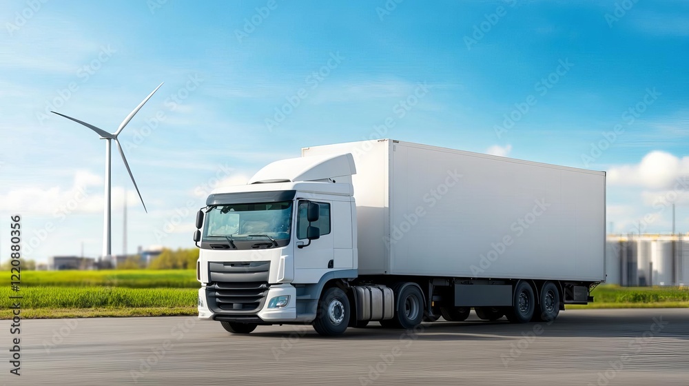 Electric trucks driving through a wind-powered logistics park Electric trucks driving through a wind-powered logistics park