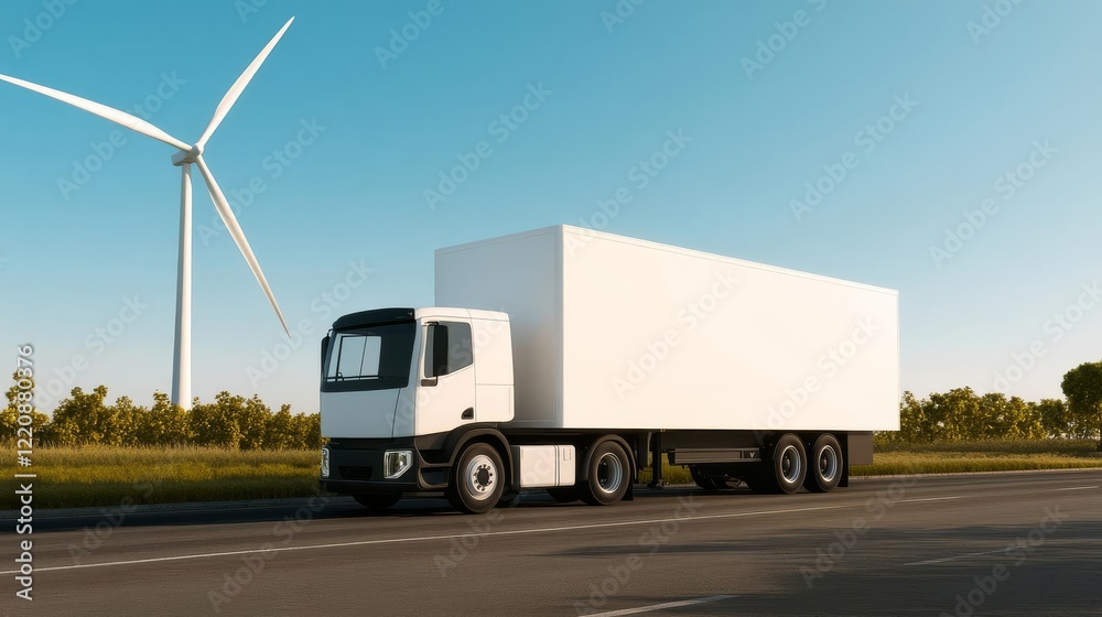 Electric trucks driving through a wind-powered logistics park