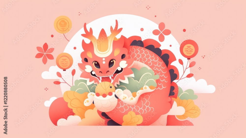 Obraz premium Illustration of a Red Dragon with Gold Accents Surrounded by Floral Elements