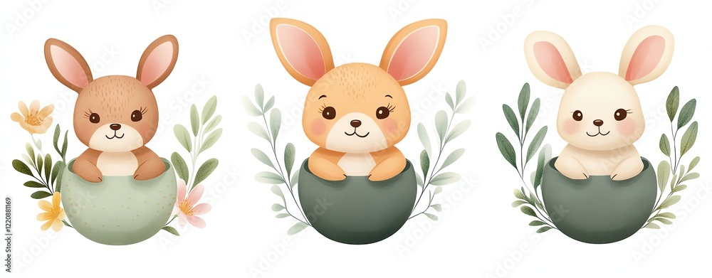 Fototapeta premium whimsical Isolated cute cartoon pastel Cute cartoon rabbits in pastel colors.
