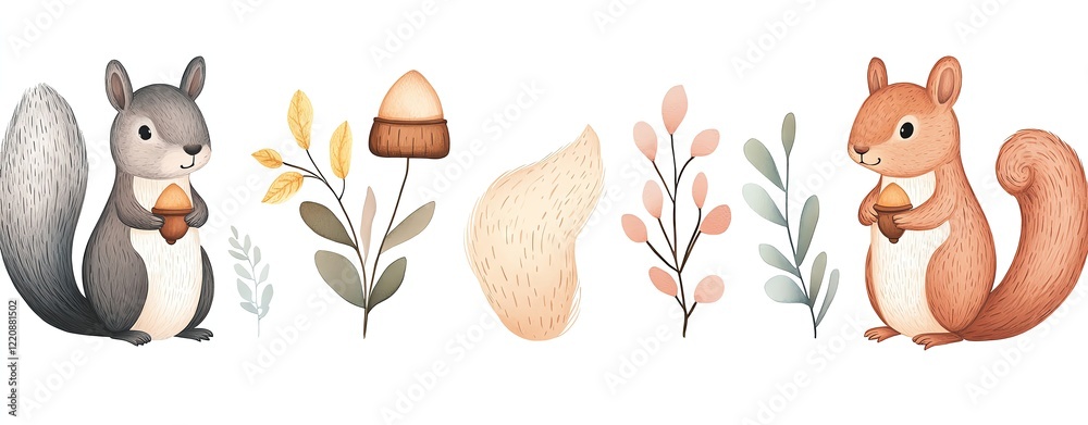 whimsical Isolated cute cartoon pastel Cute squirrels with colorful foliage and acorns. whimsical Isolated cute cartoon pastel Cute squirrels with colorful foliage and acorns.