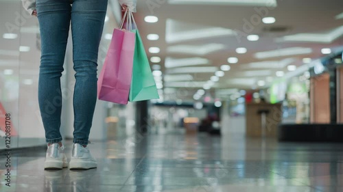 Close-up of shopping bags held by a woman standing in a well-lit mall, the bags, one pink and the other green, sway gently as she walks on shiny flooring with blurred background photo