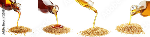 Sesame Seed Oil with a Pour Spout – Smooth sesame seed oil in a practical bottle with a pour spout great for stir-fries and dressing. Isolated on Clear White Background Highly Detailed