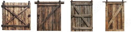 Rustic Wooden Barn Door – A traditional rustic barn door often seen in farmhouse-style interiors or as an outdoor entryway. Isolated on Clear White Background Highly Detailed