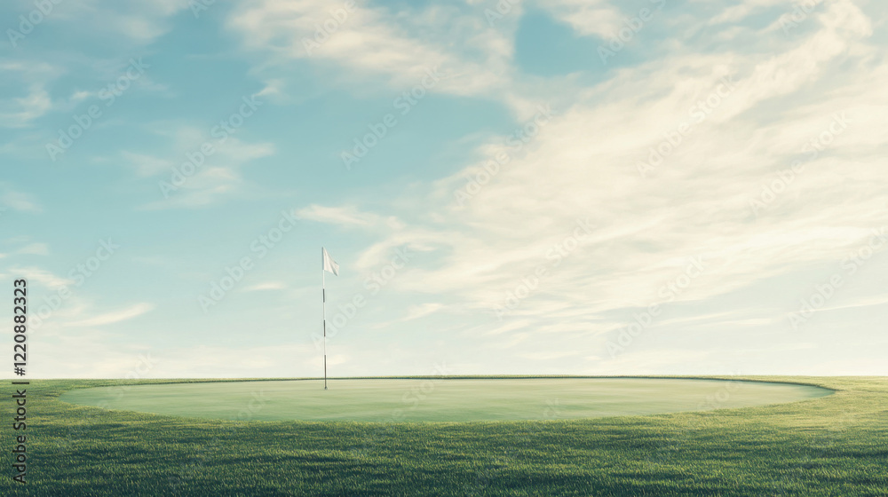 Obraz premium serene golf course scene featuring flagstick and smooth green surface under clear sky. tranquil atmosphere invites relaxation and enjoyment of game