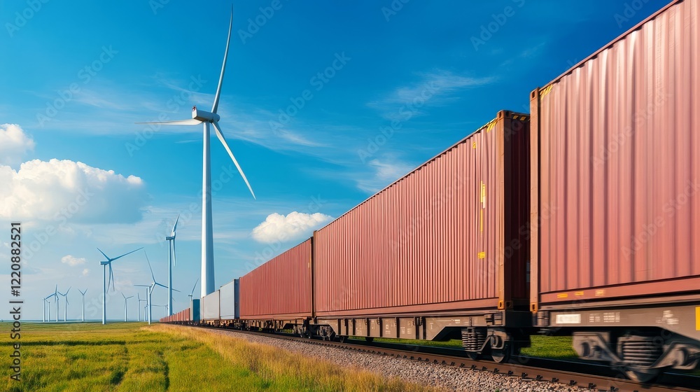 Fototapeta premium Freight train moving through wind farm fields, representing green transportation integration