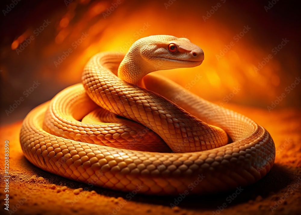 Fototapeta premium Beige Snake Curled on Vibrant Orange Background - Night Photography