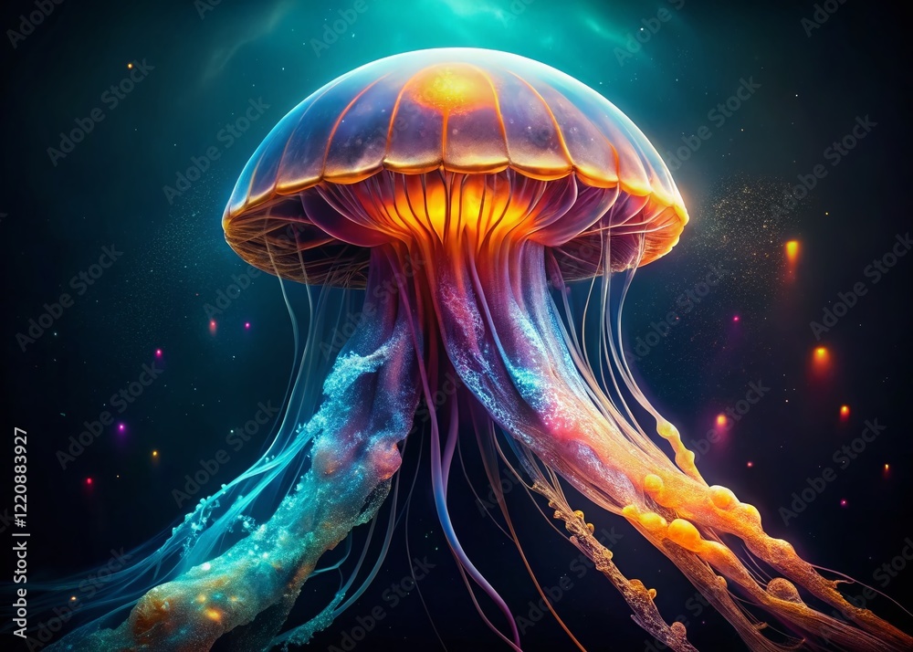 Naklejka premium Bioluminescent Jellyfish in the Ocean Depths: Dark Underwater Scene