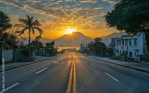 Photo of the sunrise in Lantau, Ma Wan Road with buildings and volcano silhouette in the background. Wide-angle lens, natural lighting. photo