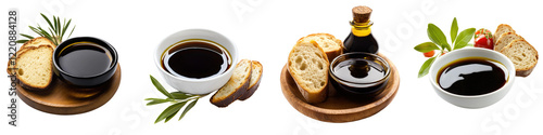 Olive Oil with Balsamic Vinegar Dip – A simple and flavorful dip made from high-quality olive oil and balsamic vinegar often served with bread. Isolated on Clear White Background Highly Detailed