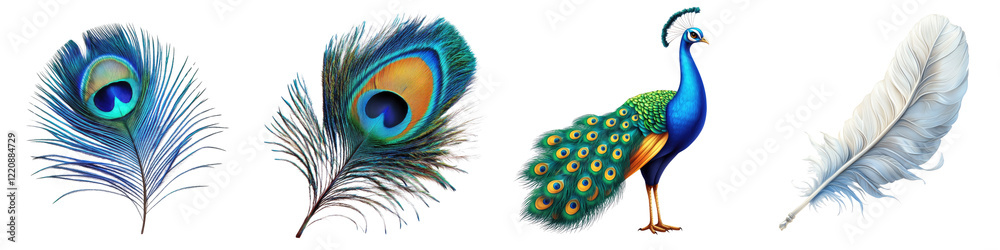 Obraz premium beautiful peacock feather colorfull Isolated on Clear White Background Highly Detailed 