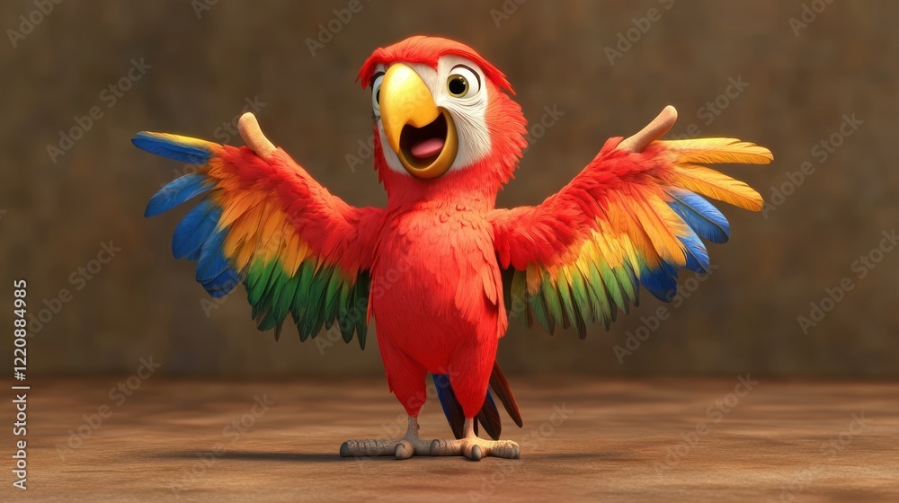 Naklejka premium Happy cartoon macaw welcomes, jungle background, children's book illustration