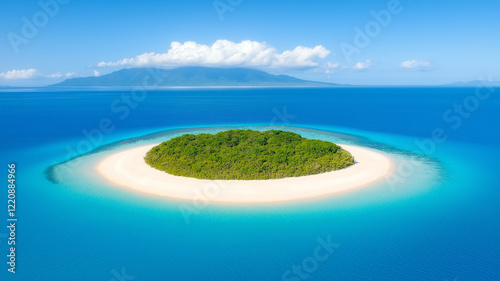 Aerial view of tropical island surrounded by turquoise waters, featuring lush greenery and sandy beach. serene landscape evokes sense of tranquility and natural beauty