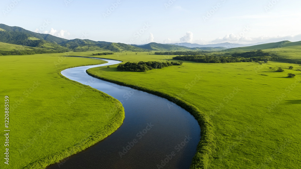 Obraz premium Aerial view of meandering river flowing through lush green fields and hills, showcasing beauty of nature and tranquility in vibrant landscape