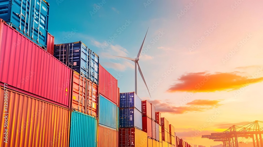 Fototapeta premium Port operations powered entirely by a hybrid of solar and wind energy