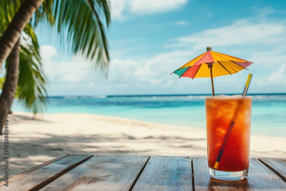Refreshing tropical drink with colorful umbrella on the beach capturing a relaxing tropical vibe natural setting close-up viewpoint ideal for summer escapes Refreshing tropical drink with colorful umbrella on the beach capturing a relaxing tropical vibe natural setting close-up viewpoint ideal for summer escapes