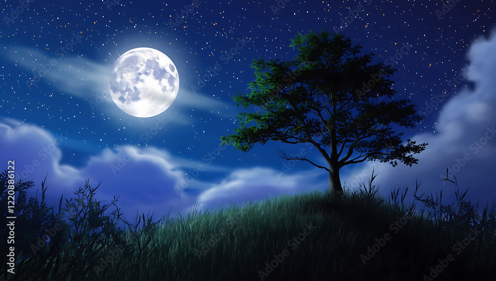 Naklejka premium Moonlit Night with Lone Tree