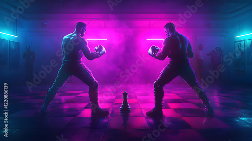 Chess Boxing Match with Glowing Chess Pieces and Board