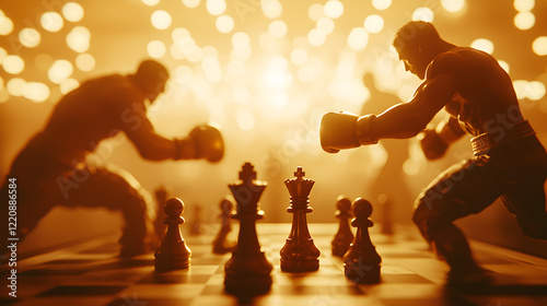 Illuminated Chess-Boxing Match with Floating Glowing Chess Pieces