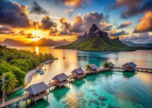 Bora Bora Lagoon: Turquoise Waters & Overwater Bungalows at Sunset