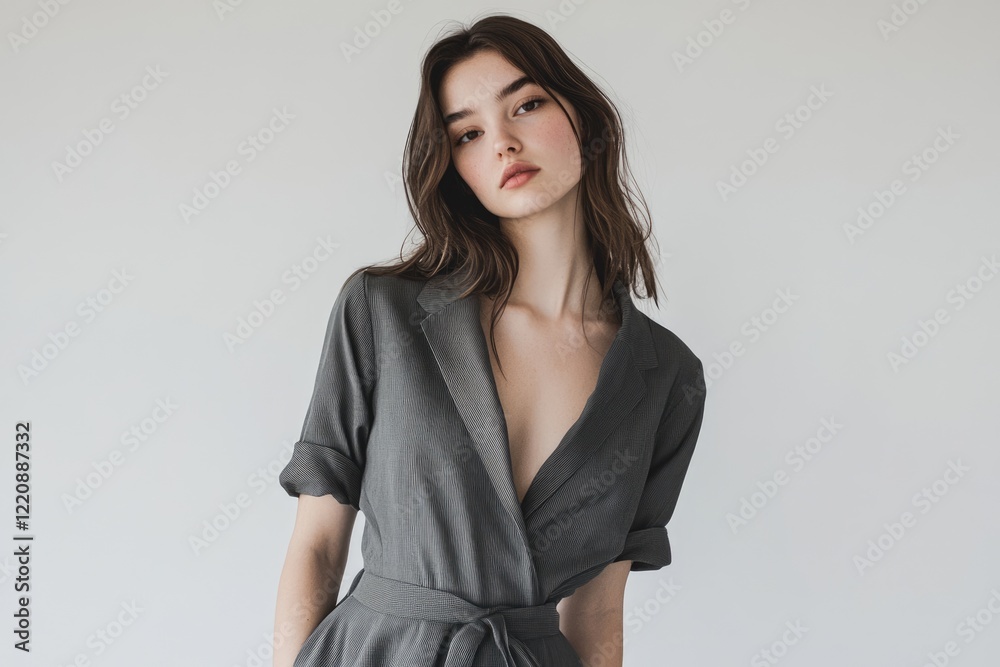 A young woman with long brown hair poses in a gray, belted shirt dress against a white background. A young woman with long brown hair poses in a gray, belted shirt dress against a white background.