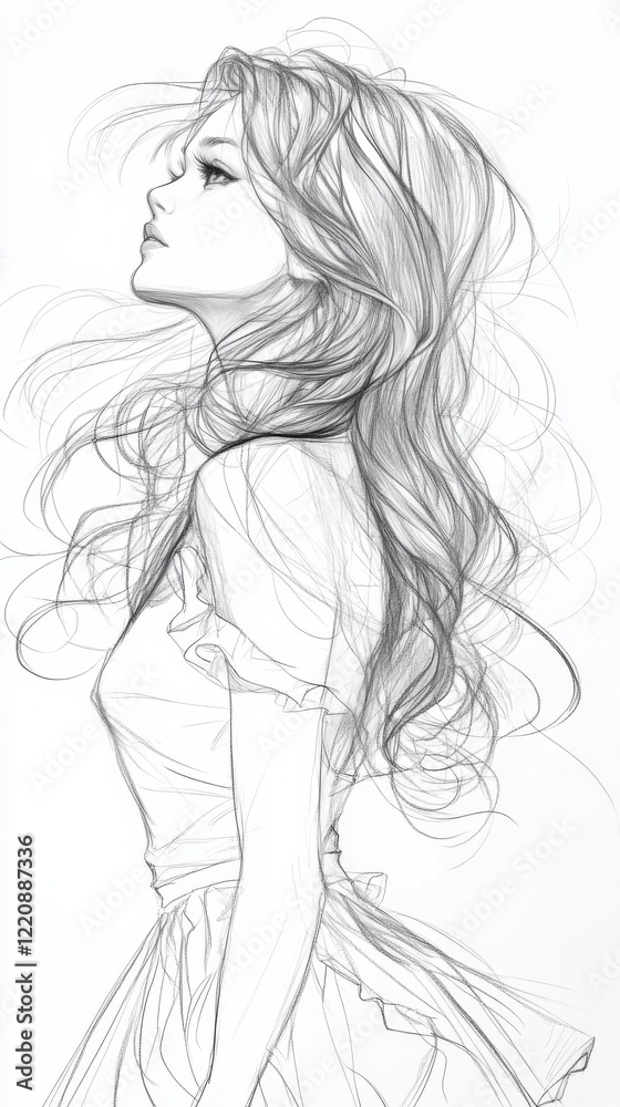 Portrait of a young woman with flowing hair, showcasing emotions and grace in a delicate sketch Portrait of a young woman with flowing hair, showcasing emotions and grace in a delicate sketch