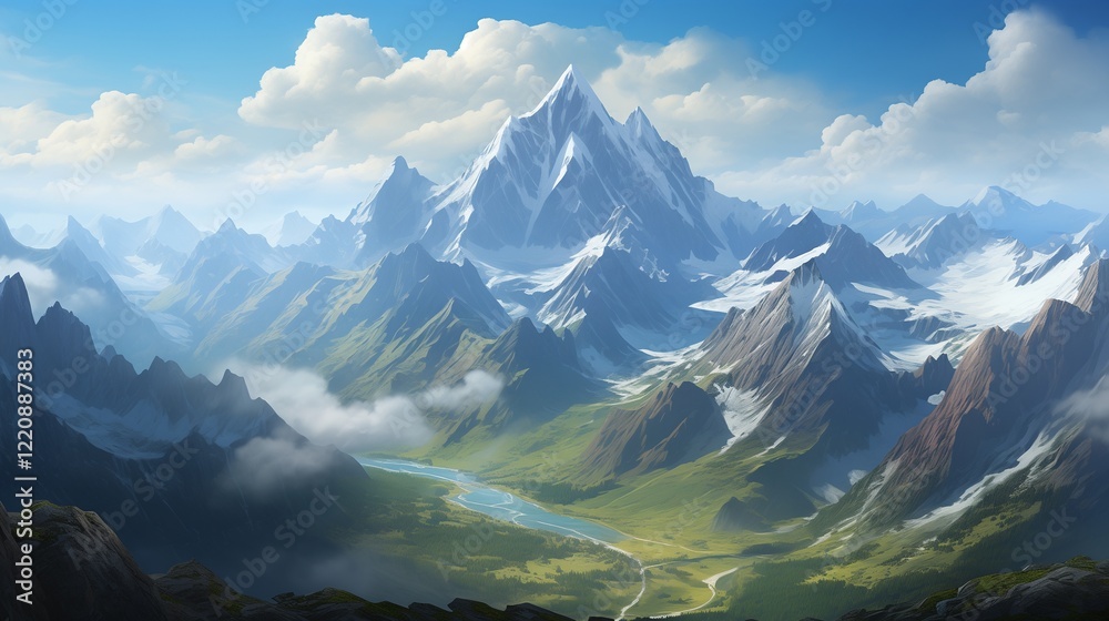 Naklejka premium A high-altitude plateau surrounded by towering snowy peaks.