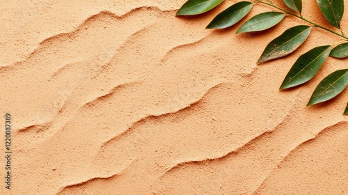 Nature patterns in sand with green leaves close-up photography organic texture calm environment
